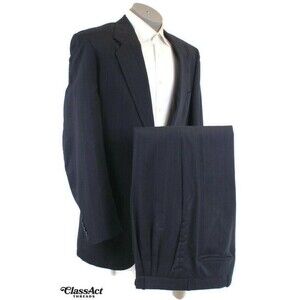 Gianelli Mens 2 Piece Suit Wool Blue Striped Wool 2 Btn 44L Pleated 33" W